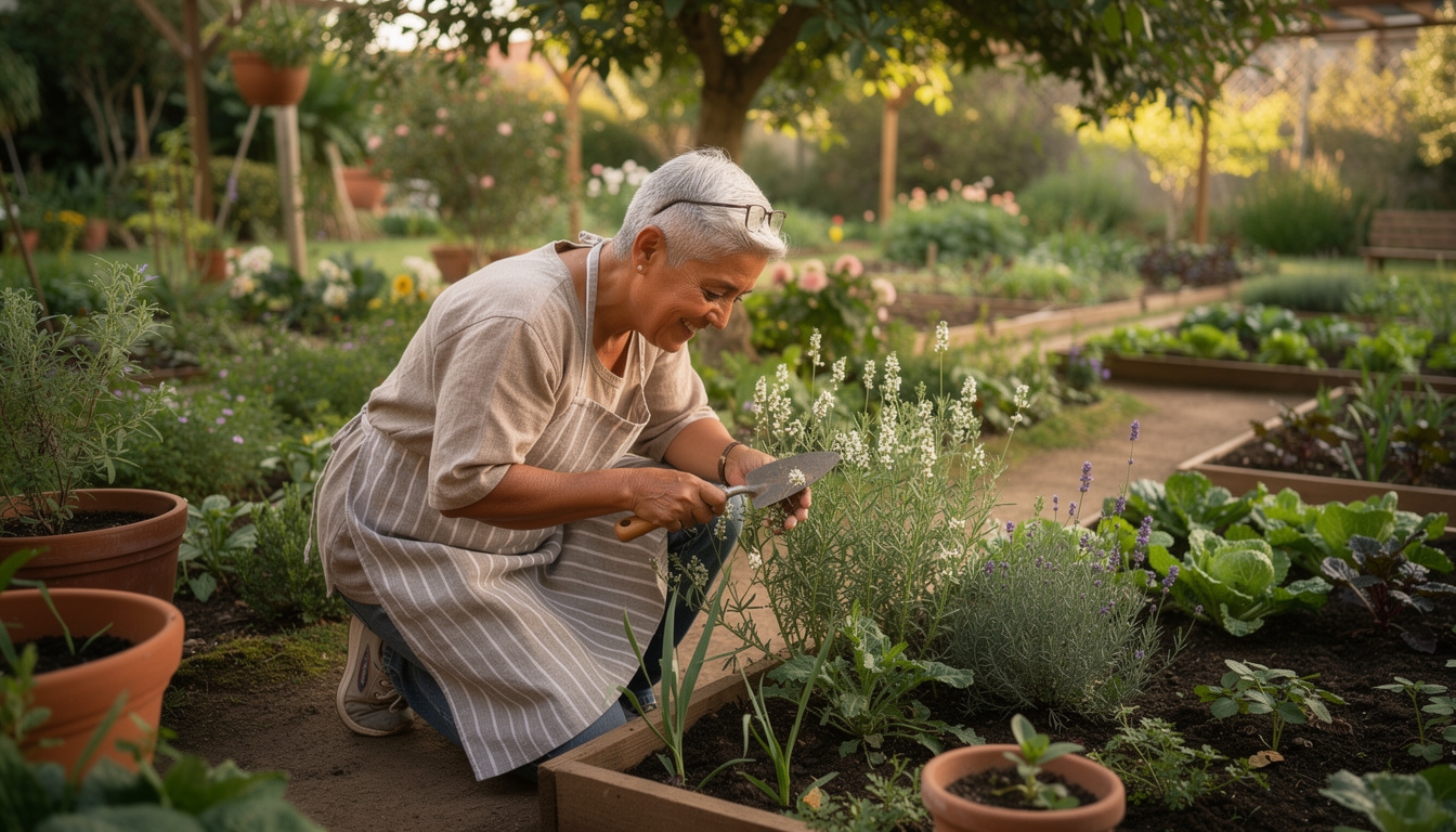 Adulto realizando jardinería como actividad física